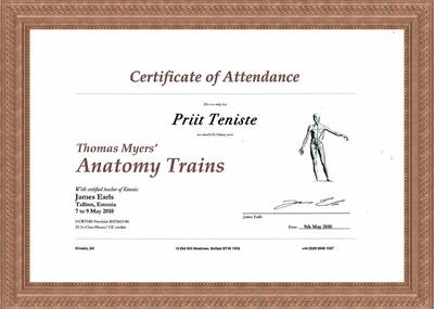 Certificate of Attendance on courses of Anatomy Trains Thomas Myers