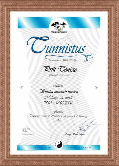 Certificate of graduation of Shiatsu Massage course