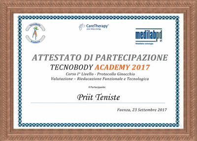 Certiifcate of attendance on courses of Tecar Therapy "knee"
